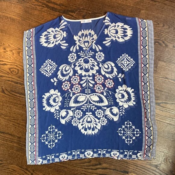 Sheer Tunic Coverup with Side Slits Pullover Blue & White Floral 1size fits all - Picture 1 of 7
